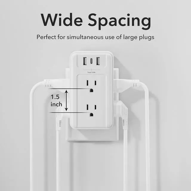 Alt view image 3 of 7 - Multi Plug Outlet 6 Wall Outlet Extender with 3 USB Charging Ports (1 USB C) Total 3.4A 3-Sided Outlets Splitter Multiple Outlet Wall Plug for Home Office Dorm Room