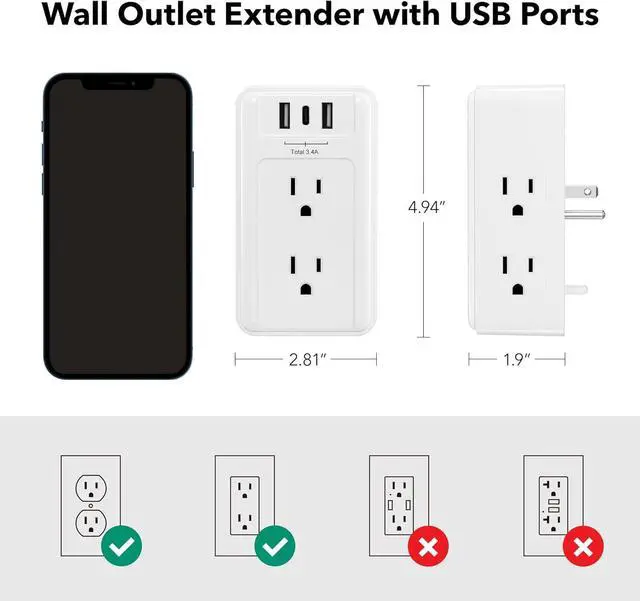 Alt view image 4 of 7 - Multi Plug Outlet 6 Wall Outlet Extender with 3 USB Charging Ports (1 USB C) Total 3.4A 3-Sided Outlets Splitter Multiple Outlet Wall Plug for Home Office Dorm Room