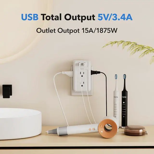 Alt view image 5 of 7 - Multi Plug Outlet 6 Wall Outlet Extender with 3 USB Charging Ports (1 USB C) Total 3.4A 3-Sided Outlets Splitter Multiple Outlet Wall Plug for Home Office Dorm Room