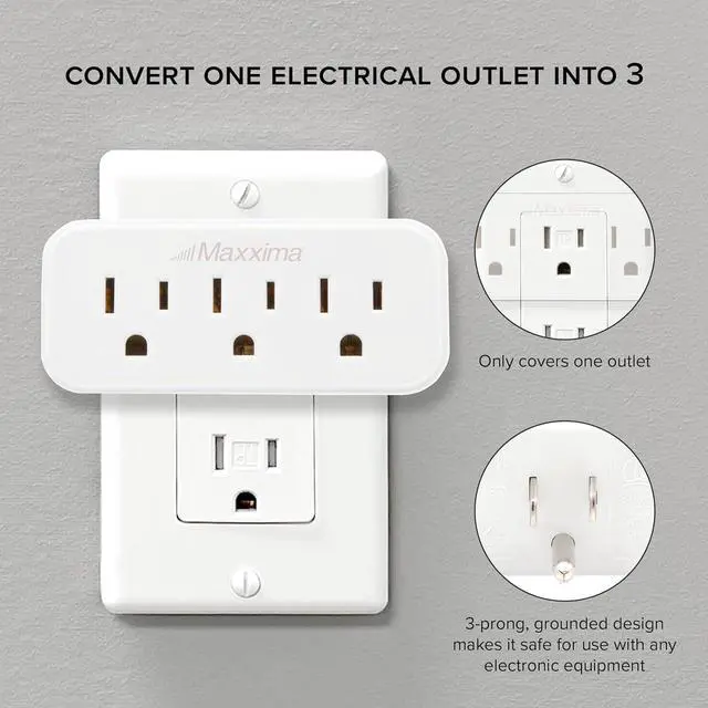 Alt view image 4 of 6 - 3 Grounded Multi Outlet Adapter Wall Plug - Outlet Extender Wall Tap Turns 1 Outlet into 3 Indoor 3 Way Plug Splitter - White - 4 Pack