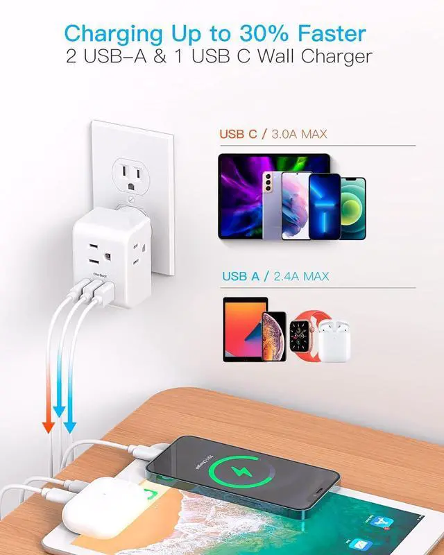 Alt view image 3 of 7 - Multi Plug Outlet Extender Power Strip Non Surge Protector Electric Outlet Splitter with 3 USB Wall Charger (1 USB C) Multiple Outlet Expander for Cruise Dorm Travel Home Office