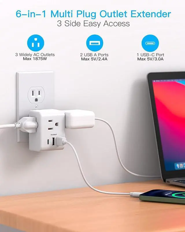 Alt view image 2 of 7 - Multi Plug Outlet Extender Power Strip Non Surge Protector Electric Outlet Splitter with 3 USB Wall Charger (1 USB C) Multiple Outlet Expander for Cruise Dorm Travel Home Office