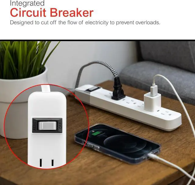 Alt view image 5 of 6 - 6-Outlet Power Strip 2 Pack 1.5 Ft Extension Cord Heavy Duty Plug Grounded Integrated Circuit Breaker 3-Prong Wall Mount UL Listed White 14833