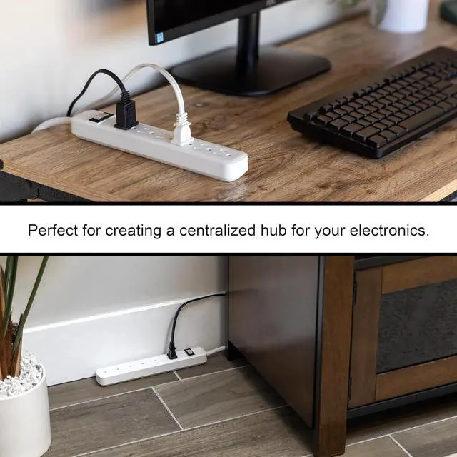 Alt view image 6 of 6 - 6-Outlet Power Strip 2 Pack 1.5 Ft Extension Cord Heavy Duty Plug Grounded Integrated Circuit Breaker 3-Prong Wall Mount UL Listed White 14833