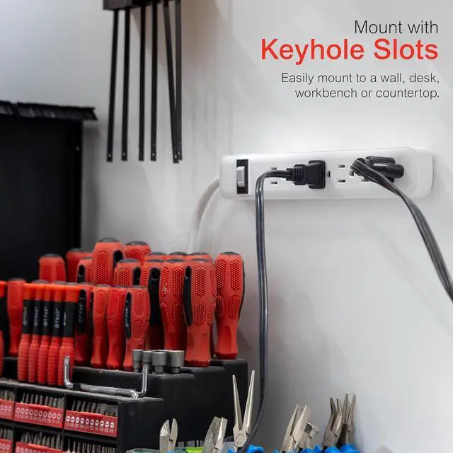 Alt view image 4 of 6 - 6-Outlet Power Strip 2 Pack 1.5 Ft Extension Cord Heavy Duty Plug Grounded Integrated Circuit Breaker 3-Prong Wall Mount UL Listed White 14833