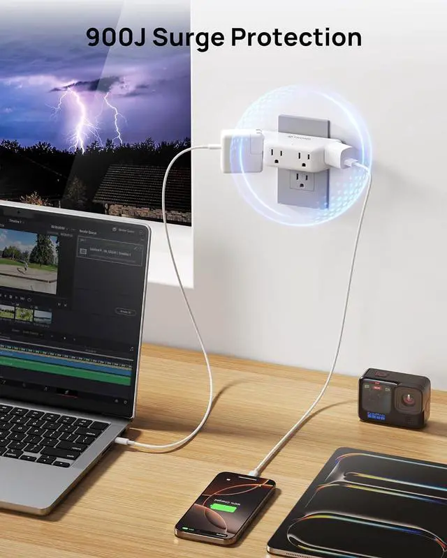 Alt view image 5 of 7 - Outlet Extender Surge Protector - Multi Plug Wall Outlet with 4 Grounded Sockets 3 Way Angled Plug Adapter 900J Electrical Wall Splitter for Home Office Travel Dorm Room White