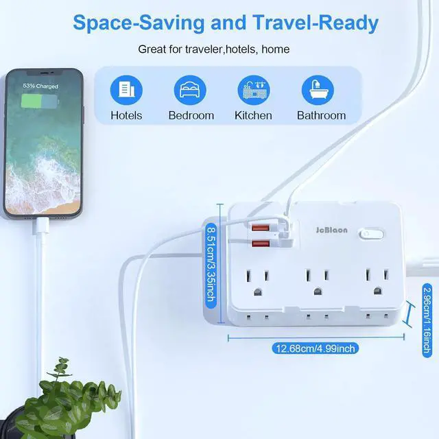 Alt view image 5 of 6 - Flat Plug Power Strip Surge Protector 5ft Ultra Thin Extension Cord with 4 USB Wall Charger(2 USB C Port) 6 Widely-Spaced Outlets Power Strip Compact for Travel Office Dorm Room Essentials (White)