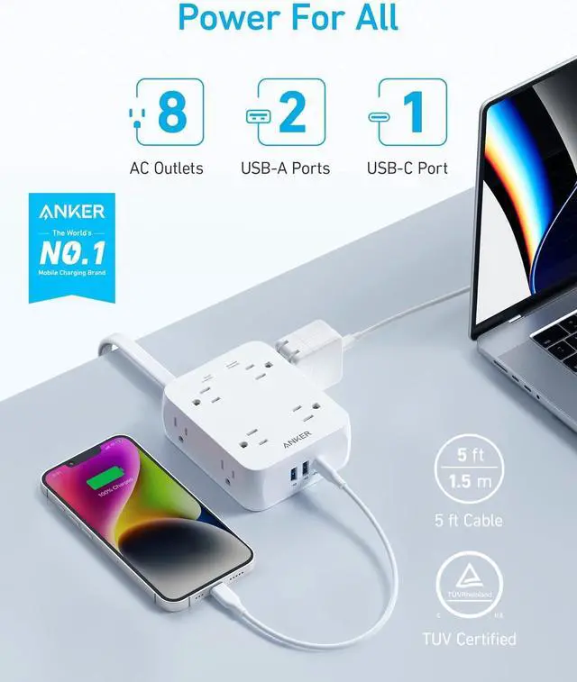 Alt view image 2 of 7 - Surge Protector Flat Plug Power Strip 2000J 5ft Thin Extension Cord 8 Outlets 2 USB A and 1 USB C Port 20W for iPhone15 Wall Mount Compact for Home Office Room TUV Listed