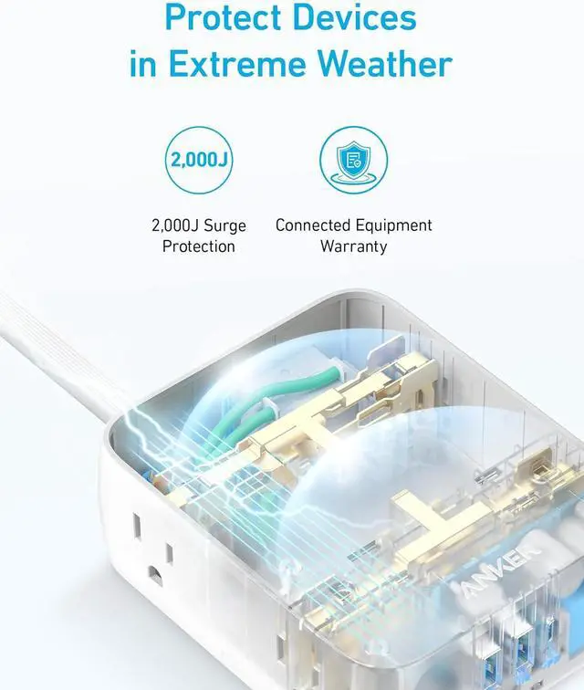 Alt view image 4 of 7 - Surge Protector Flat Plug Power Strip 2000J 5ft Thin Extension Cord 8 Outlets 2 USB A and 1 USB C Port 20W for iPhone15 Wall Mount Compact for Home Office Room TUV Listed