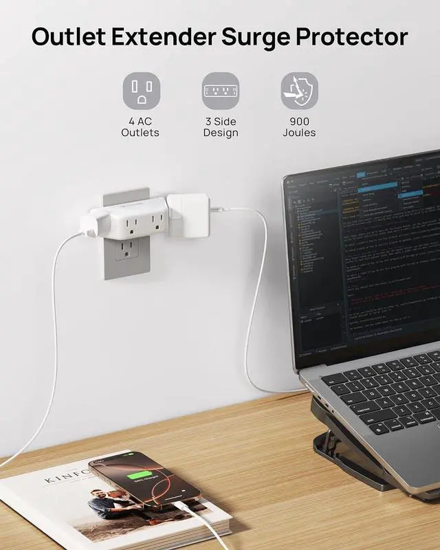 Alt view image 2 of 7 - Outlet Extender Surge Protector - Multi Plug Wall Outlet with 4 Grounded Sockets 3 Way Angled Plug Adapter 900J Electrical Wall Splitter for Home Office Travel Dorm Room White