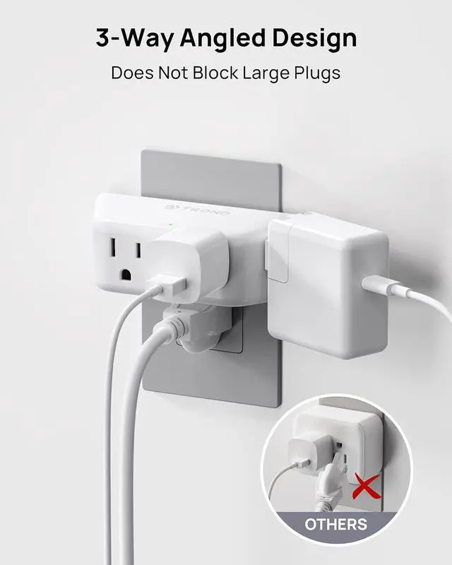 Alt view image 3 of 7 - Outlet Extender Surge Protector - Multi Plug Wall Outlet with 4 Grounded Sockets 3 Way Angled Plug Adapter 900J Electrical Wall Splitter for Home Office Travel Dorm Room White