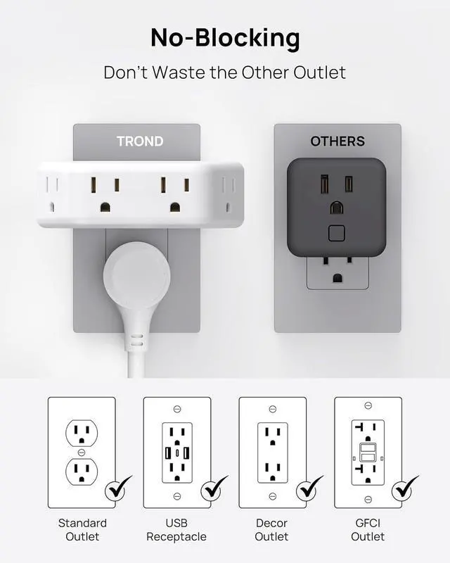 Alt view image 4 of 7 - Outlet Extender Surge Protector - Multi Plug Wall Outlet with 4 Grounded Sockets 3 Way Angled Plug Adapter 900J Electrical Wall Splitter for Home Office Travel Dorm Room White