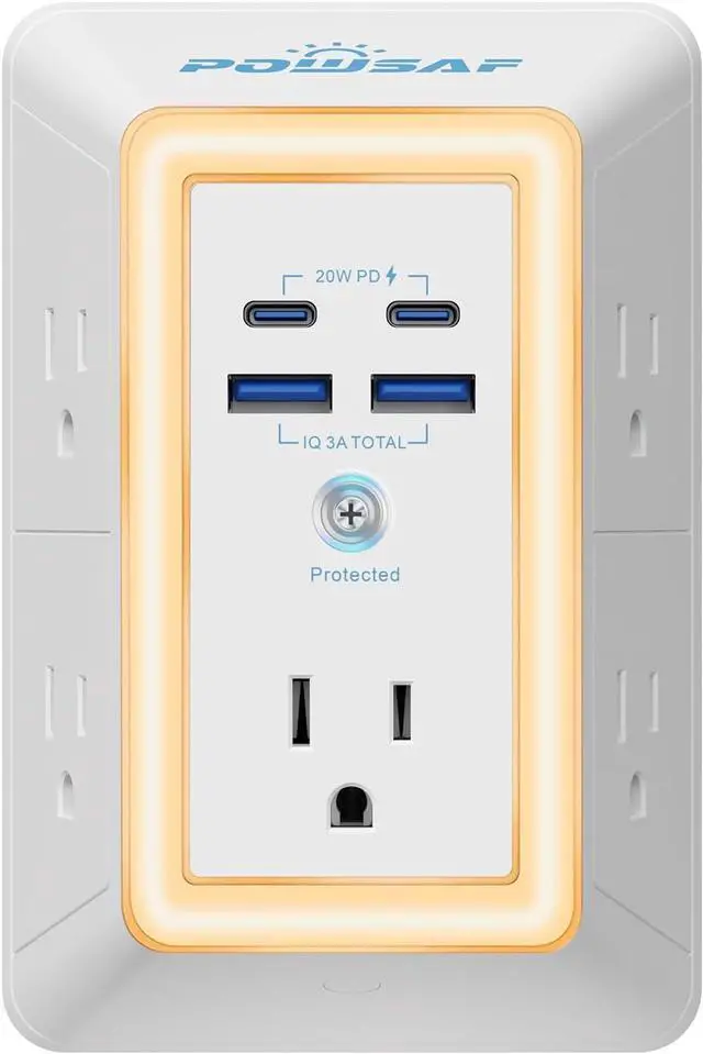 Main image of Multi Plug Outlet Surge Protector - 5 Outlet Extender with 4 USB Ports(2 USB-C PD 20W) and Night Light 3-Sided Power Strip with Adapter Spaced Outlets - ETL White