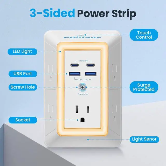 Alt view image 3 of 7 - Multi Plug Outlet Surge Protector - 5 Outlet Extender with 4 USB Ports(2 USB-C PD 20W) and Night Light 3-Sided Power Strip with Adapter Spaced Outlets - ETL White
