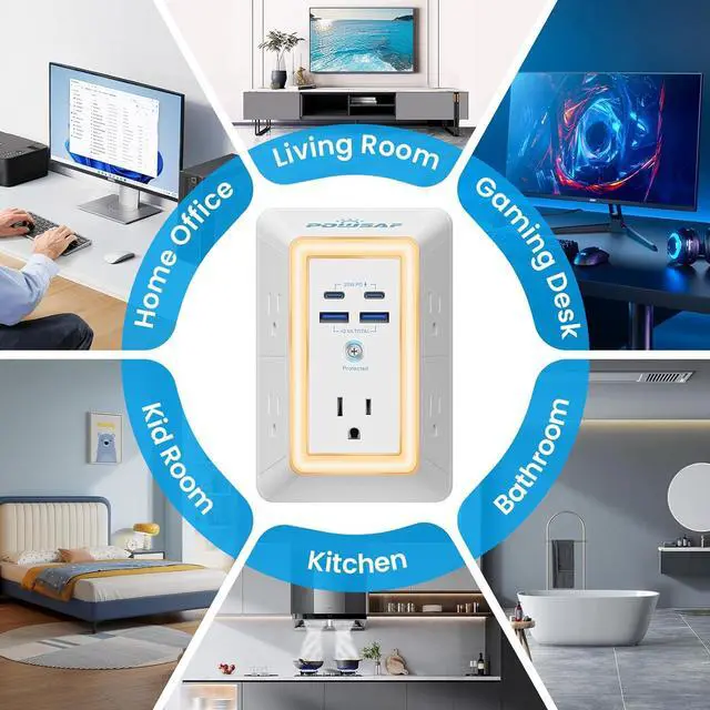 Alt view image 7 of 7 - Multi Plug Outlet Surge Protector - 5 Outlet Extender with 4 USB Ports(2 USB-C PD 20W) and Night Light 3-Sided Power Strip with Adapter Spaced Outlets - ETL White