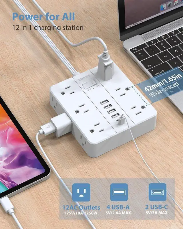 Alt view image 3 of 7 - Power Strip Flat Plug with 12 Outlets 6 USB(2 USB C) Surge Protector Charging Station with Overload Protection 5ft Extension Cord Widely Spaced Multiple Outlets for Home Office Dorm Essentials