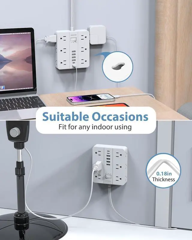 Alt view image 4 of 7 - Power Strip Flat Plug with 12 Outlets 6 USB(2 USB C) Surge Protector Charging Station with Overload Protection 5ft Extension Cord Widely Spaced Multiple Outlets for Home Office Dorm Essentials