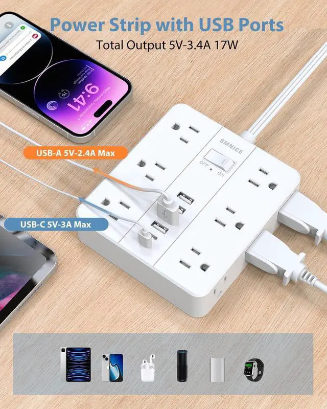 Alt view image 5 of 7 - Power Strip Flat Plug with 12 Outlets 6 USB(2 USB C) Surge Protector Charging Station with Overload Protection 5ft Extension Cord Widely Spaced Multiple Outlets for Home Office Dorm Essentials