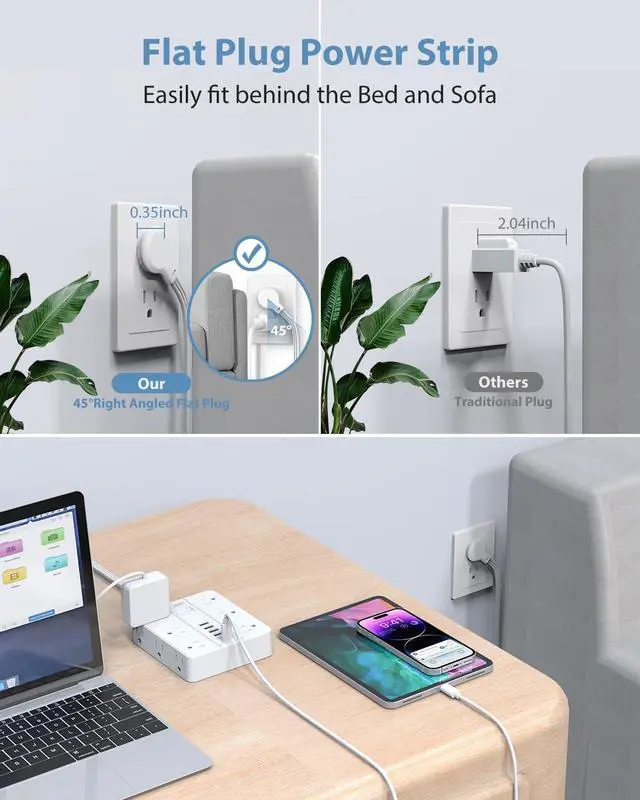 Alt view image 6 of 7 - Power Strip Flat Plug with 12 Outlets 6 USB(2 USB C) Surge Protector Charging Station with Overload Protection 5ft Extension Cord Widely Spaced Multiple Outlets for Home Office Dorm Essentials