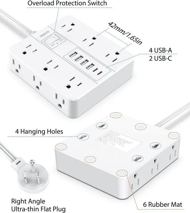 Alt view image 7 of 7 - Power Strip Flat Plug with 12 Outlets 6 USB(2 USB C) Surge Protector Charging Station with Overload Protection 5ft Extension Cord Widely Spaced Multiple Outlets for Home Office Dorm Essentials