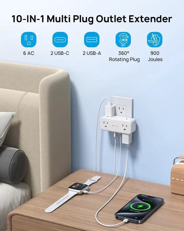 Alt view image 2 of 7 - Outlet Extender Surge Protector 6 AC Outlet Splitter with 360° Rotating Plug Multi Plug Adapter with PD 20W USB C 900J 2 USB-A & 2 USB-C 3 Way Wall Extension Adapter for Home Office Travel