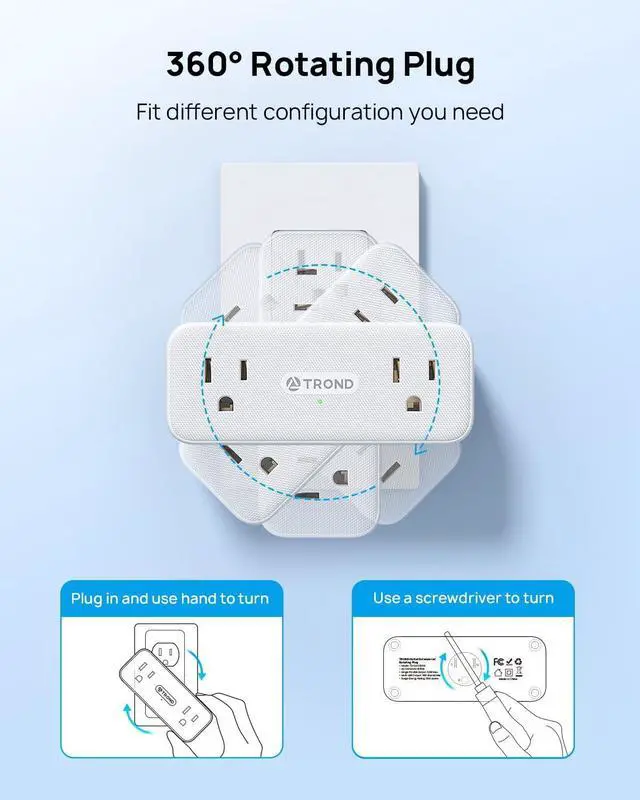 Alt view image 3 of 7 - Outlet Extender Surge Protector 6 AC Outlet Splitter with 360° Rotating Plug Multi Plug Adapter with PD 20W USB C 900J 2 USB-A & 2 USB-C 3 Way Wall Extension Adapter for Home Office Travel