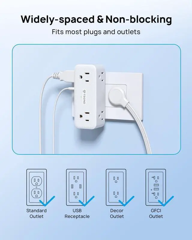 Alt view image 6 of 7 - Outlet Extender Surge Protector 6 AC Outlet Splitter with 360° Rotating Plug Multi Plug Adapter with PD 20W USB C 900J 2 USB-A & 2 USB-C 3 Way Wall Extension Adapter for Home Office Travel