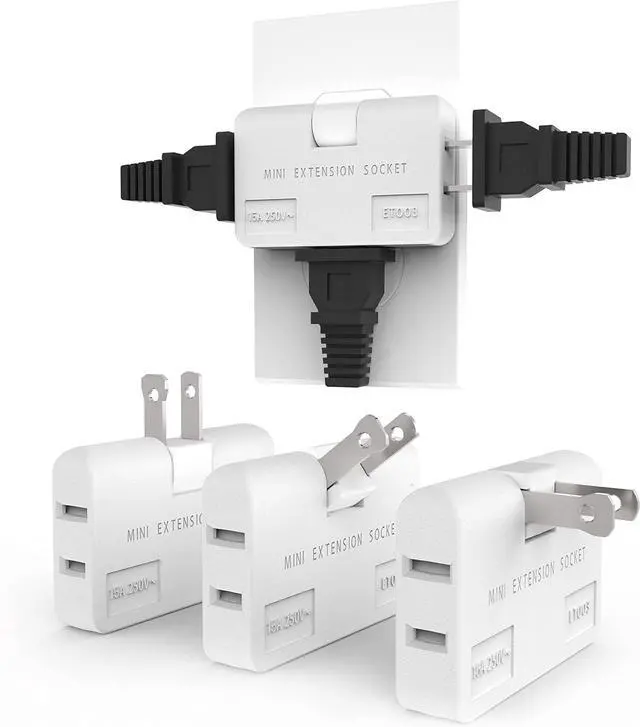 Main image of 3 Way Flat Wall Outlet Extender Safe AC Adapter - 2-Prong Swivel Mini Indoor Wall Tap Plug Outlet Splitter (Quick & Easy Install) Perfect for Home and Travel Type A White (3 Pack)