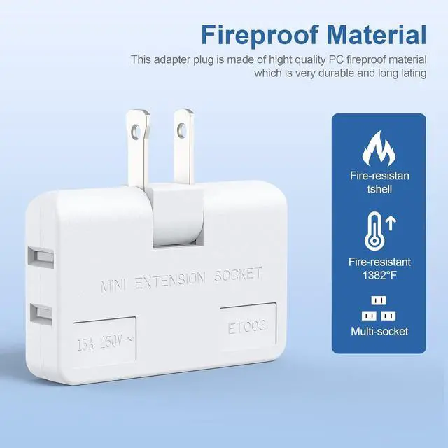 Alt view image 2 of 7 - 3 Way Flat Wall Outlet Extender Safe AC Adapter - 2-Prong Swivel Mini Indoor Wall Tap Plug Outlet Splitter (Quick & Easy Install) Perfect for Home and Travel Type A White (3 Pack)
