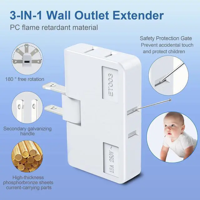 Alt view image 3 of 7 - 3 Way Flat Wall Outlet Extender Safe AC Adapter - 2-Prong Swivel Mini Indoor Wall Tap Plug Outlet Splitter (Quick & Easy Install) Perfect for Home and Travel Type A White (3 Pack)