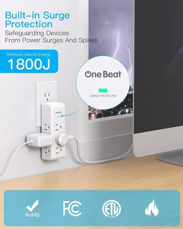 Alt view image 4 of 7 - Surge Protector Outlet Extender with Rotating Plug 9 AC Multi Plug Wall Outlet Expander 1800J Wall Charger 3-Sided Power Strip Electrical Plug Adapter Outlet Splitter for Home Office College Dorm