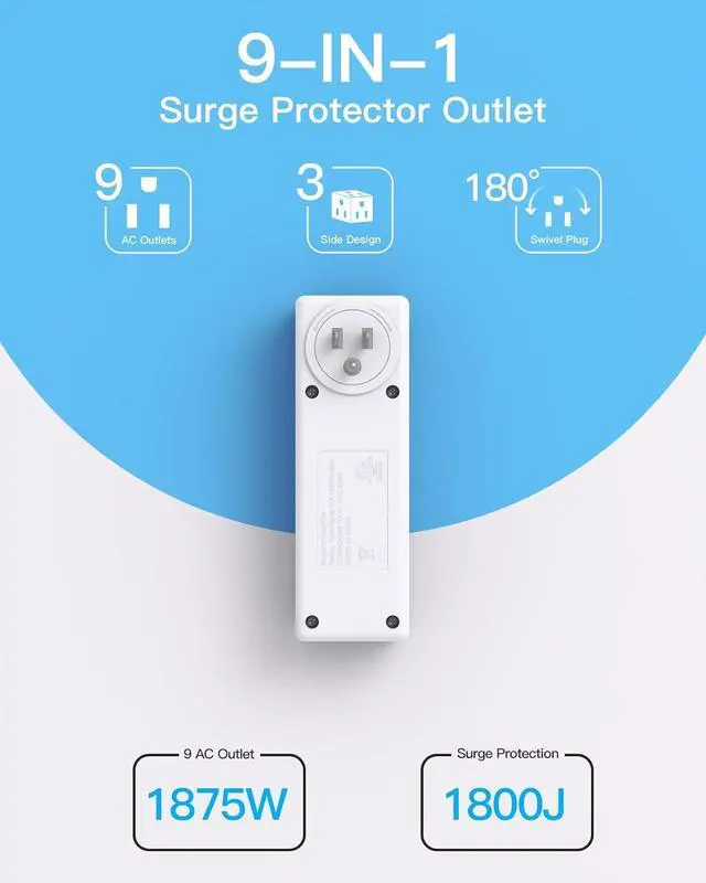 Alt view image 3 of 7 - Surge Protector Outlet Extender with Rotating Plug 9 AC Multi Plug Wall Outlet Expander 1800J Wall Charger 3-Sided Power Strip Electrical Plug Adapter Outlet Splitter for Home Office College Dorm