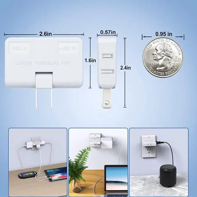 Alt view image 5 of 7 - 3 Way Flat Wall Outlet Extender Safe AC Adapter - 2-Prong Swivel Mini Indoor Wall Tap Plug Outlet Splitter (Quick & Easy Install) Perfect for Home and Travel Type A White (3 Pack)