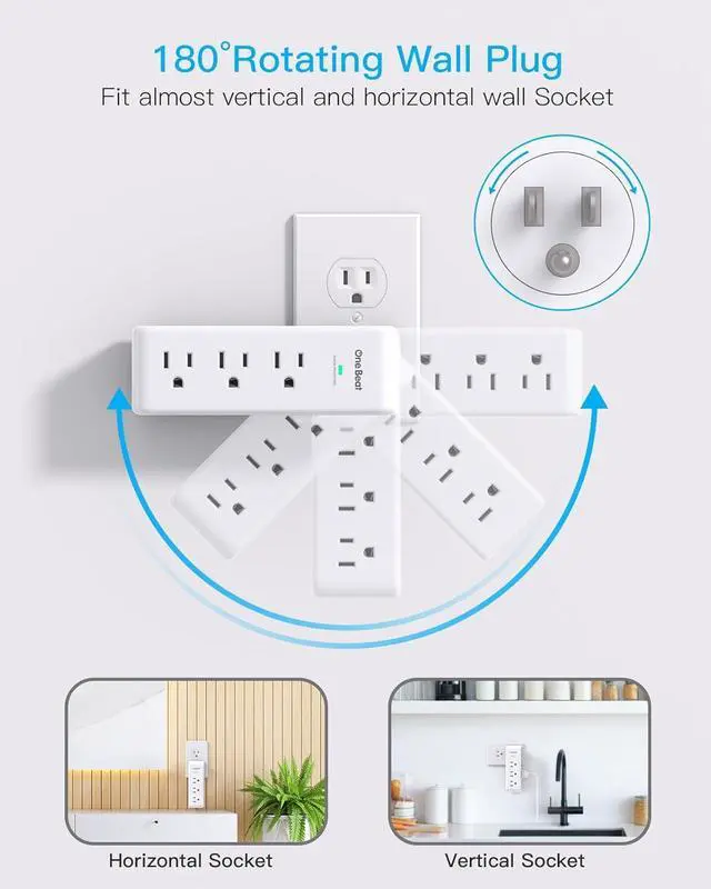 Alt view image 2 of 7 - Surge Protector Outlet Extender with Rotating Plug 9 AC Multi Plug Wall Outlet Expander 1800J Wall Charger 3-Sided Power Strip Electrical Plug Adapter Outlet Splitter for Home Office College Dorm