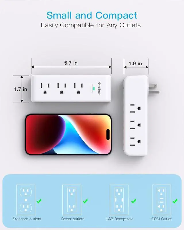 Alt view image 6 of 7 - Surge Protector Outlet Extender with Rotating Plug 9 AC Multi Plug Wall Outlet Expander 1800J Wall Charger 3-Sided Power Strip Electrical Plug Adapter Outlet Splitter for Home Office College Dorm