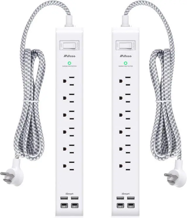 Main image of 2 Pack Power Strip Surge Protector, 6 Outlets 4 USB Ports (2 USB C) 5Ft Long Extension Cords, Flat Plug Overload Protection Outlet Strip, Wall Mount for Home, Office and Dorm Essential, ETL Listed