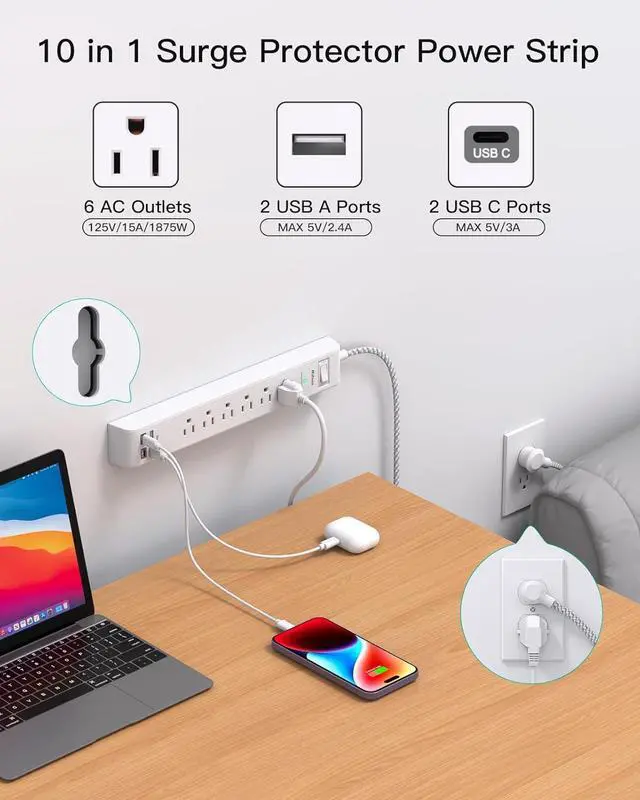 Alt view image 2 of 7 - 2 Pack Power Strip Surge Protector, 6 Outlets 4 USB Ports (2 USB C) 5Ft Long Extension Cords, Flat Plug Overload Protection Outlet Strip, Wall Mount for Home, Office and Dorm Essential, ETL Listed