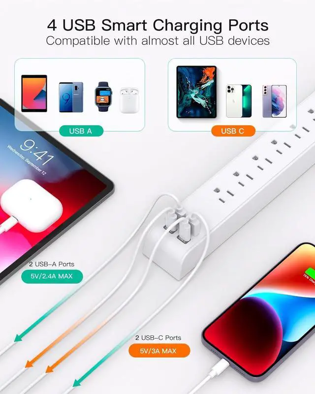 Alt view image 3 of 7 - 2 Pack Power Strip Surge Protector, 6 Outlets 4 USB Ports (2 USB C) 5Ft Long Extension Cords, Flat Plug Overload Protection Outlet Strip, Wall Mount for Home, Office and Dorm Essential, ETL Listed