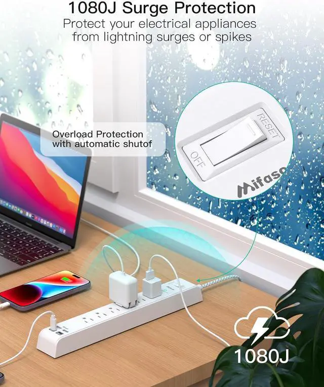Alt view image 4 of 7 - 2 Pack Power Strip Surge Protector, 6 Outlets 4 USB Ports (2 USB C) 5Ft Long Extension Cords, Flat Plug Overload Protection Outlet Strip, Wall Mount for Home, Office and Dorm Essential, ETL Listed