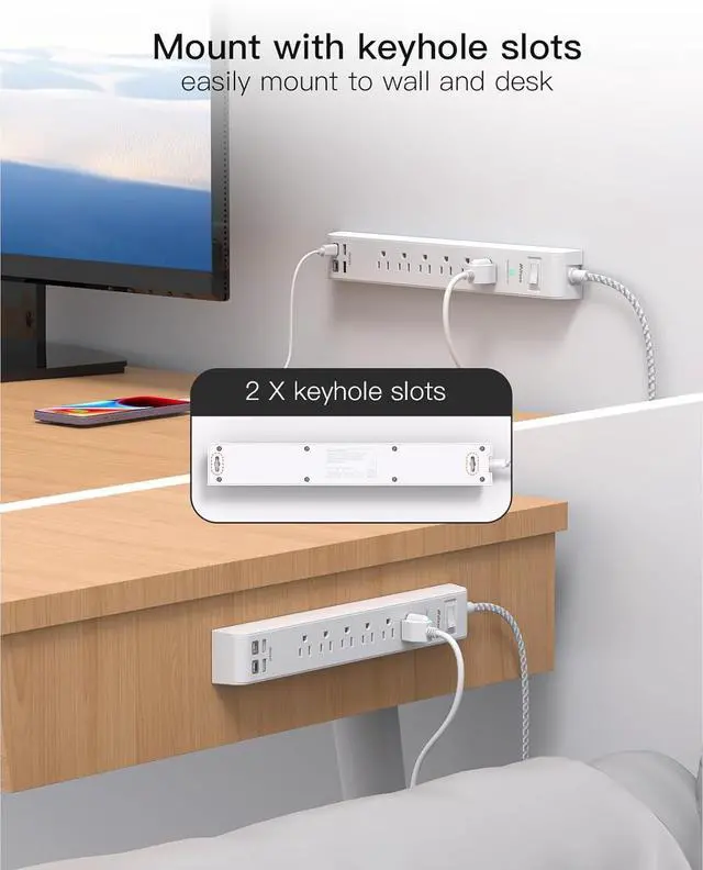 Alt view image 5 of 7 - 2 Pack Power Strip Surge Protector, 6 Outlets 4 USB Ports (2 USB C) 5Ft Long Extension Cords, Flat Plug Overload Protection Outlet Strip, Wall Mount for Home, Office and Dorm Essential, ETL Listed