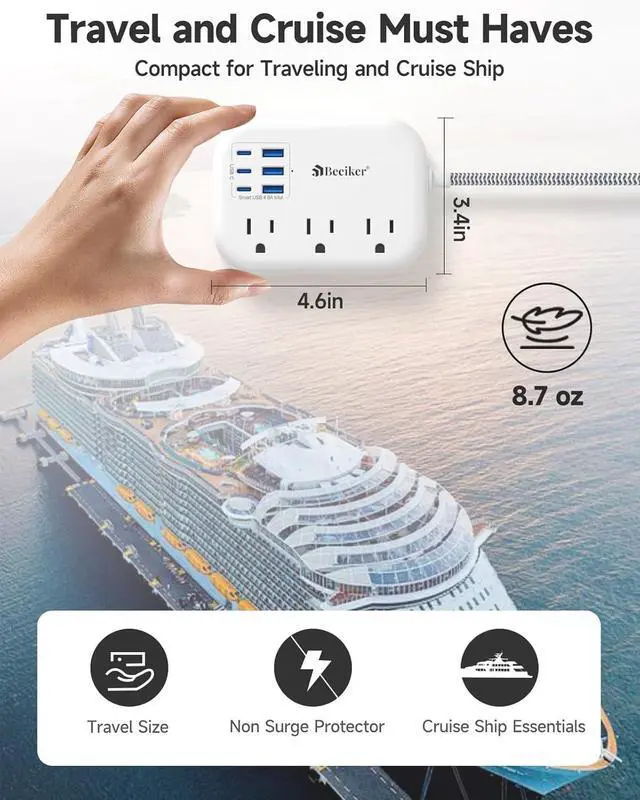 Alt view image 4 of 7 - 6 USB(3 USB C) Power Strip- Travel Power Strip with 6 USB Desktop Charging Station 24W/4.8A and 3 Outlets 5Ft Flat Plug Braided Extension Cord Non Surge Protector for Cruise Ship Travel Office Dorm