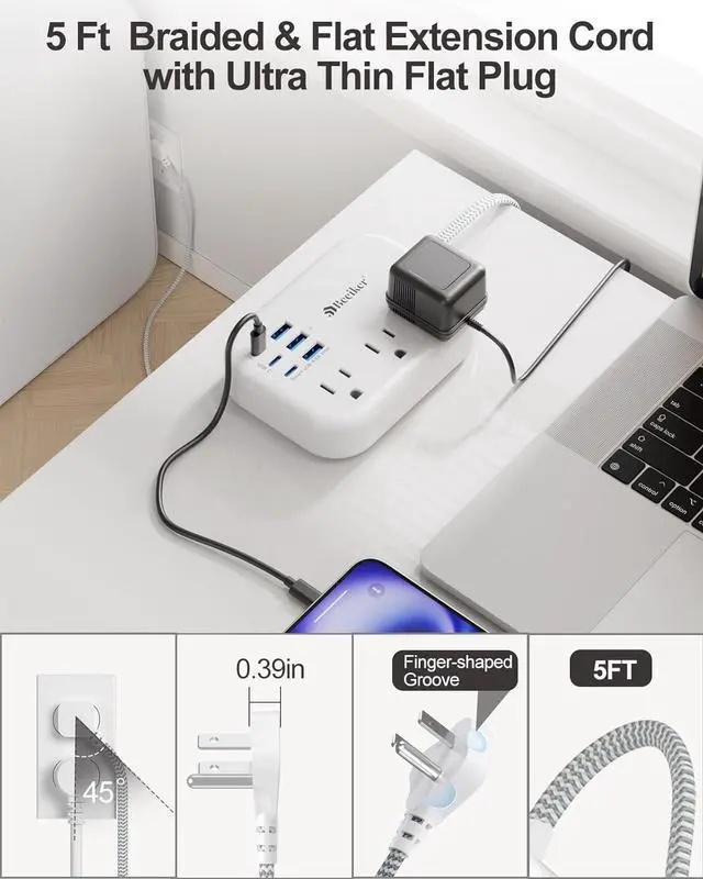 Alt view image 5 of 7 - 6 USB(3 USB C) Power Strip- Travel Power Strip with 6 USB Desktop Charging Station 24W/4.8A and 3 Outlets 5Ft Flat Plug Braided Extension Cord Non Surge Protector for Cruise Ship Travel Office Dorm