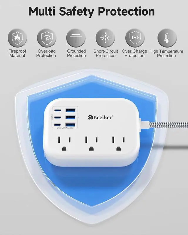 Alt view image 6 of 7 - 6 USB(3 USB C) Power Strip- Travel Power Strip with 6 USB Desktop Charging Station 24W/4.8A and 3 Outlets 5Ft Flat Plug Braided Extension Cord Non Surge Protector for Cruise Ship Travel Office Dorm