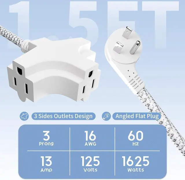 Alt view image 2 of 7 - K Kasonic 3 Outlet Extension Cord 1.5 Feet Flat Plug Extension Cord 16/3 SJTW 3-Wire Grounded 13 Amp 125 V 1625 Watts Braided Power Cord with Multi-Outlet for Indoor Use ETL Listed