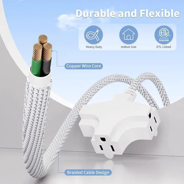 Alt view image 3 of 7 - K Kasonic 3 Outlet Extension Cord 1.5 Feet Flat Plug Extension Cord 16/3 SJTW 3-Wire Grounded 13 Amp 125 V 1625 Watts Braided Power Cord with Multi-Outlet for Indoor Use ETL Listed