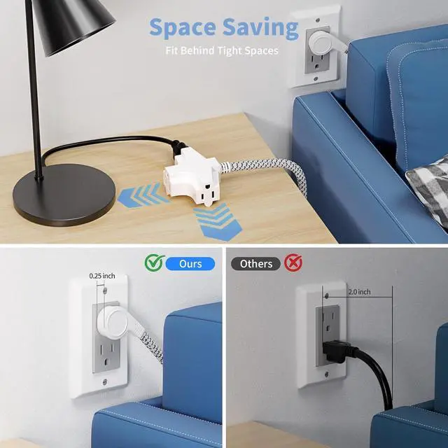 Alt view image 4 of 7 - K Kasonic 3 Outlet Extension Cord 1.5 Feet Flat Plug Extension Cord 16/3 SJTW 3-Wire Grounded 13 Amp 125 V 1625 Watts Braided Power Cord with Multi-Outlet for Indoor Use ETL Listed