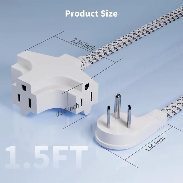 Alt view image 7 of 7 - K Kasonic 3 Outlet Extension Cord 1.5 Feet Flat Plug Extension Cord 16/3 SJTW 3-Wire Grounded 13 Amp 125 V 1625 Watts Braided Power Cord with Multi-Outlet for Indoor Use ETL Listed