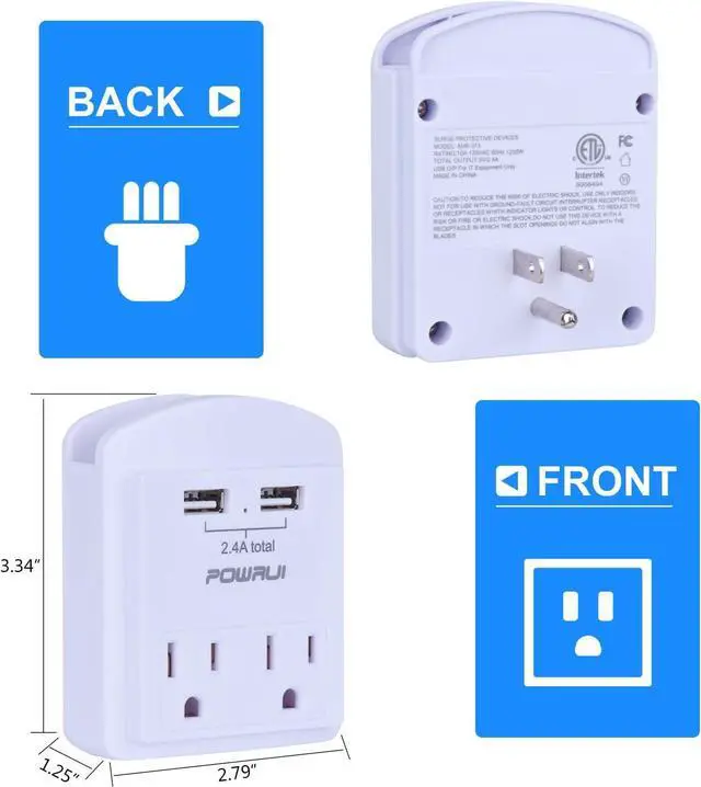 Alt view image 5 of 5 - Outlet Extender USB Wall Charger - POWRUI Multi Plug Wall Outlet Splitter with 2-Outlet and 2 USB Ports, Non Surge Protector for Cruise Ship Essentials, White, ETL Listed