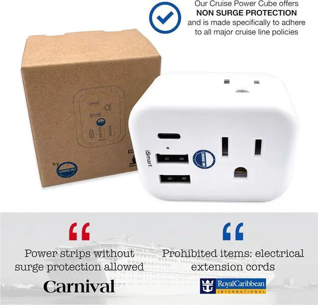 Alt view image 6 of 7 - Cruise Approved Power Strip Non Surge Protector for Cruise Ship Multi Plug, 6 Outlets, 2 USB-A, 1 USB-C, & 3 AC Outlet for Carnival, Celebrity, Princess, Norwegian & Major Lines in 2026 & 2027