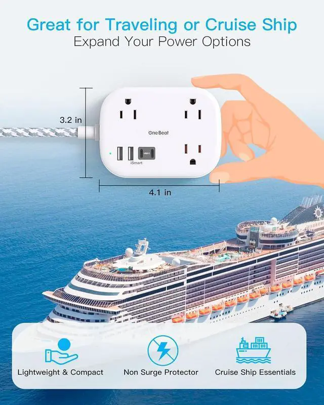 Alt view image 3 of 7 - Cruise Essentials 2025 Travel Power Strip with USB C Flat Plug Extension Cord with 3 Outlets 4 USB Ports(2 USB C) 5 ft Desk Wall Outlet Extender Non Surge Protector for Cruise Dorm Room ETL